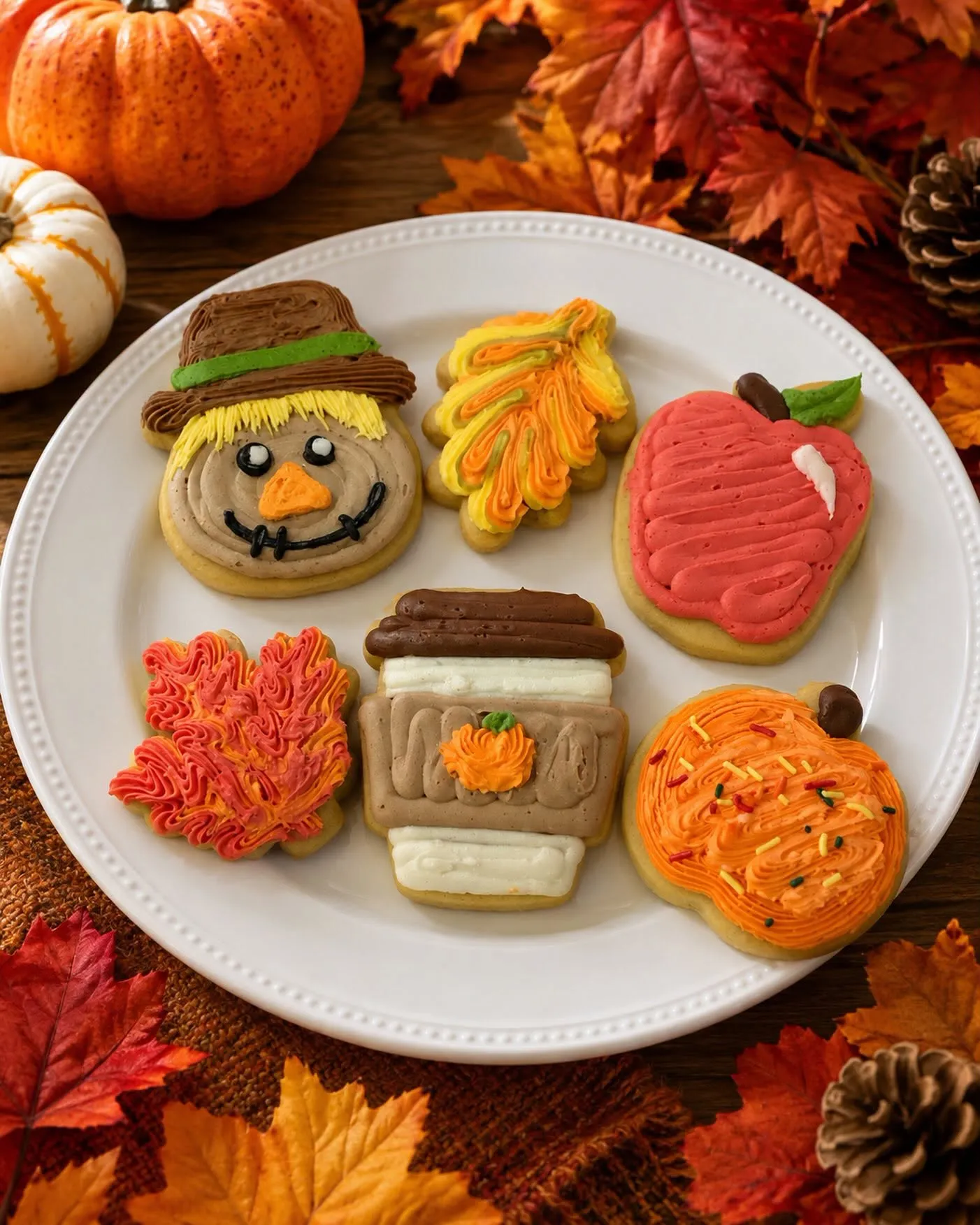 Hand-decorated fall sugar cookies: scarecrow, leaves, apple, latte and pumpkin