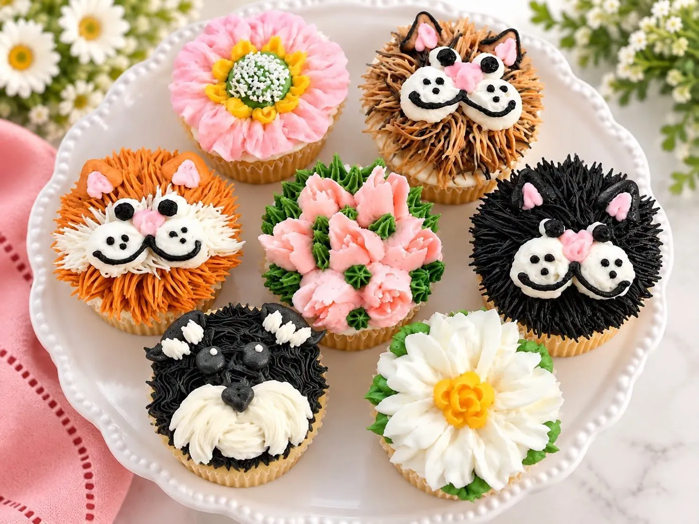 Cat, dog and flower cupcakes