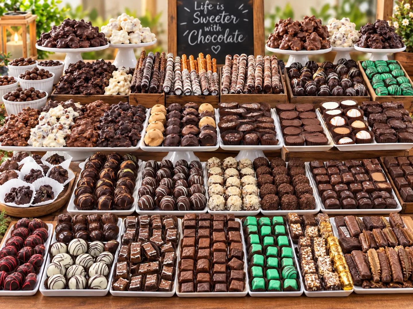Trays of handmade chocolates: turtles, truffles, dipped pretzels, mint squares and fudge