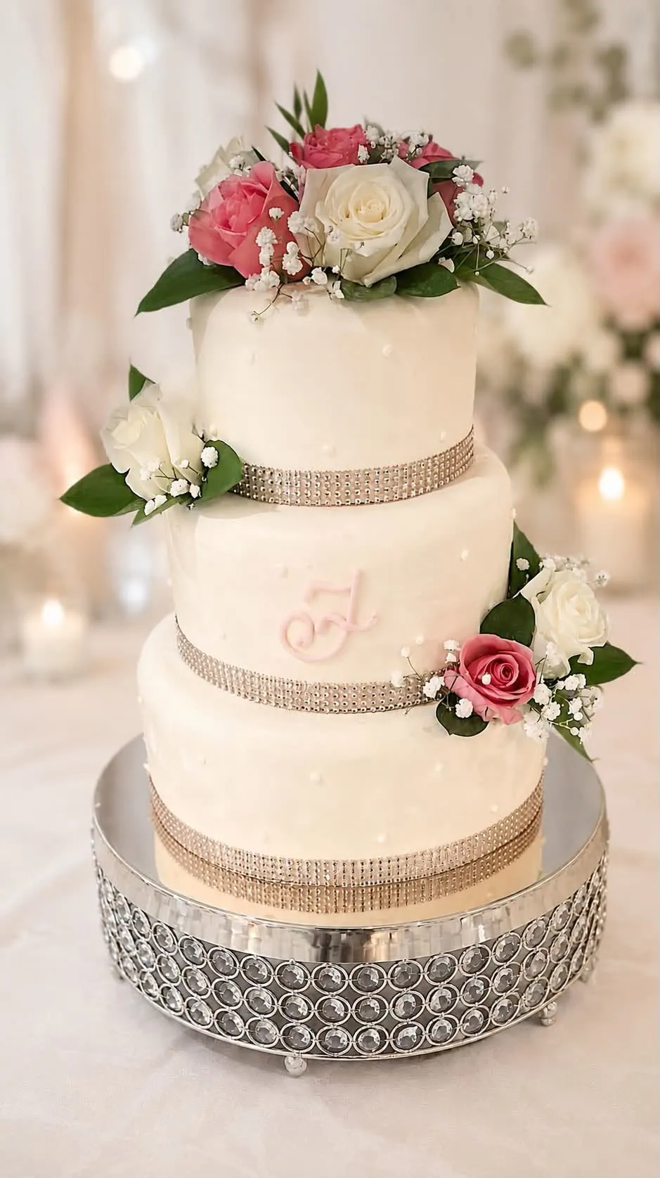 Three-tier white wedding cake with pink and white roses